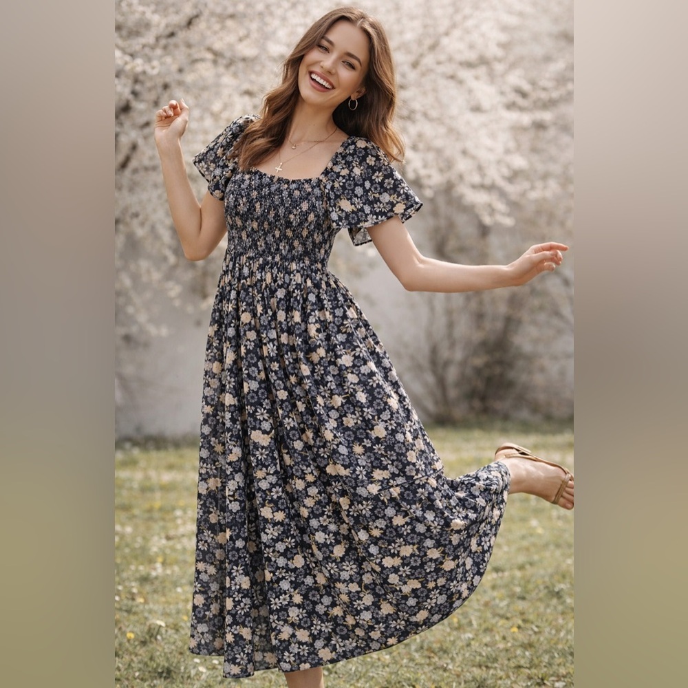dip Maxi Smocked Floral Linen Blend Dress Size S Blue Short Sleeve A-Line Boho